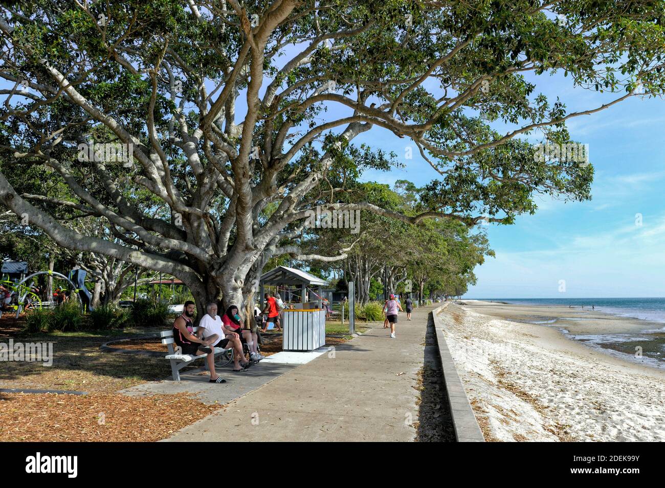 People relaxing on a bench on the parade seafront, Bongaree, Bribie Island, Sunshine Coast, Queensland, QLD, Australia Stock Photo