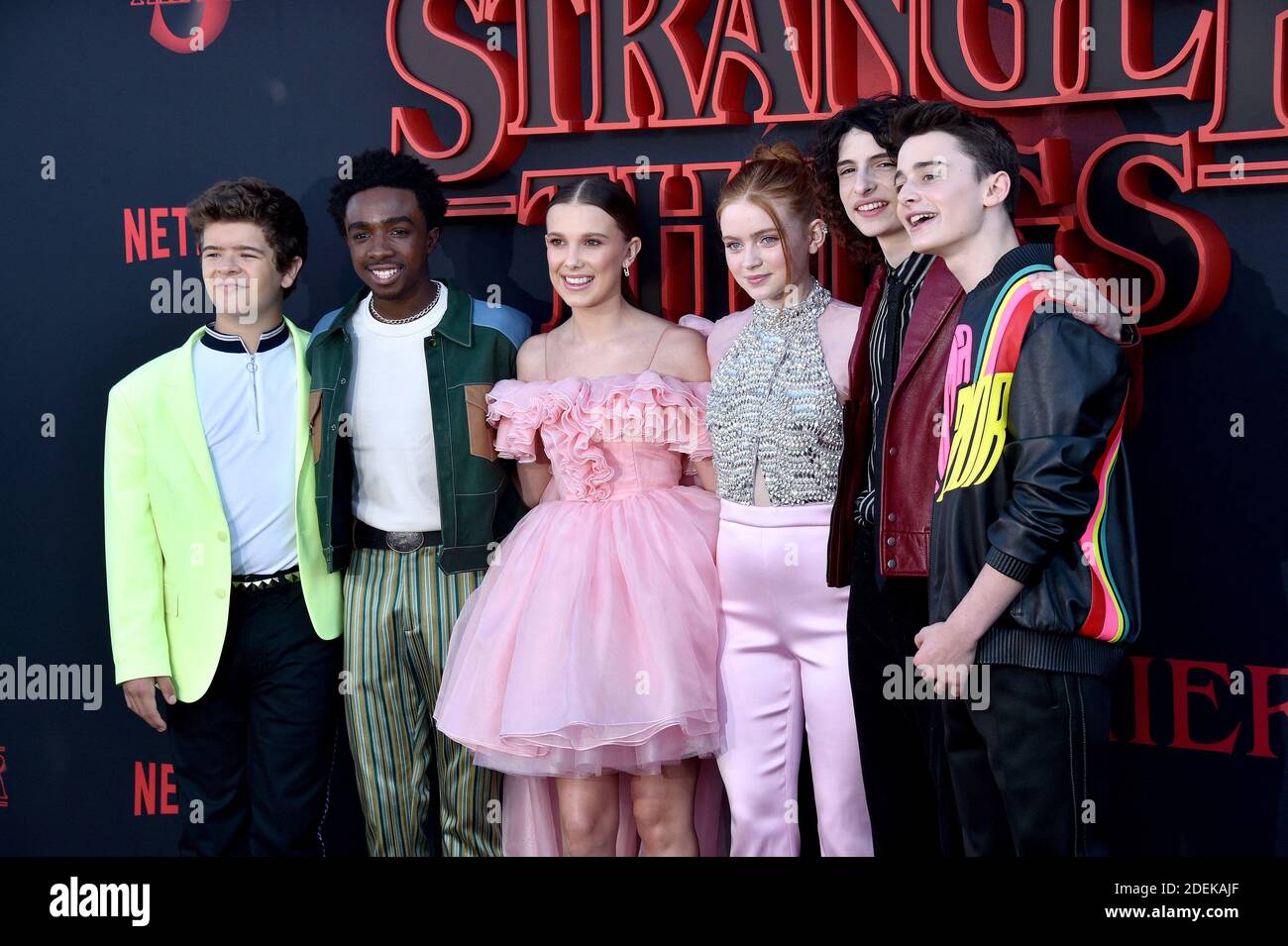 Gaten Matarazzo, Caleb McLaughlin, Millie Bobby Brown, Sadie Sink, Finn  Wolfhard, and Noah Schnapp attend the premiere of Netflix's "Stranger  Things" Season 3 on June 28, 2019 in Santa Monica, CA, USA.