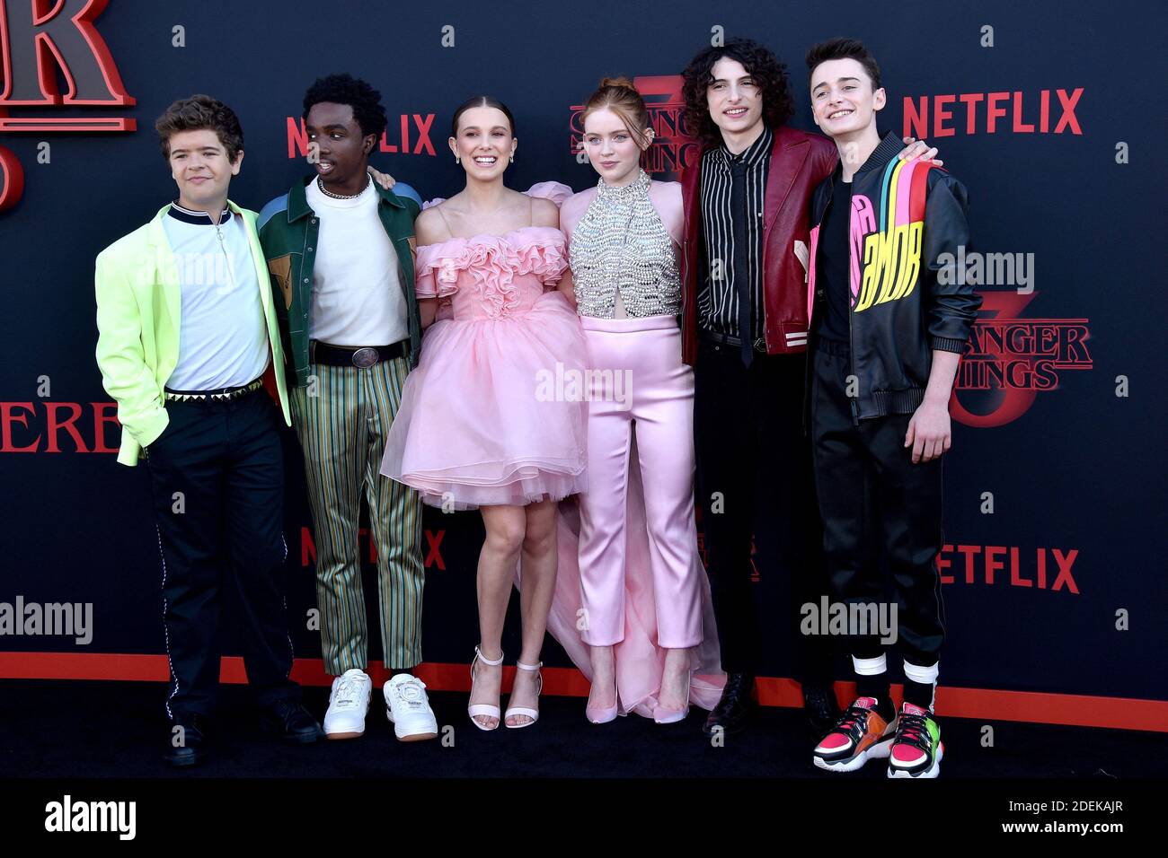 Gaten Matarazzo, Caleb McLaughlin, Millie Bobby Brown, Sadie Sink, Finn  Wolfhard, and Noah Schnapp attend the premiere of Netflix's "Stranger Things"  Season 3 on June 28, 2019 in Santa Monica, CA, USA.