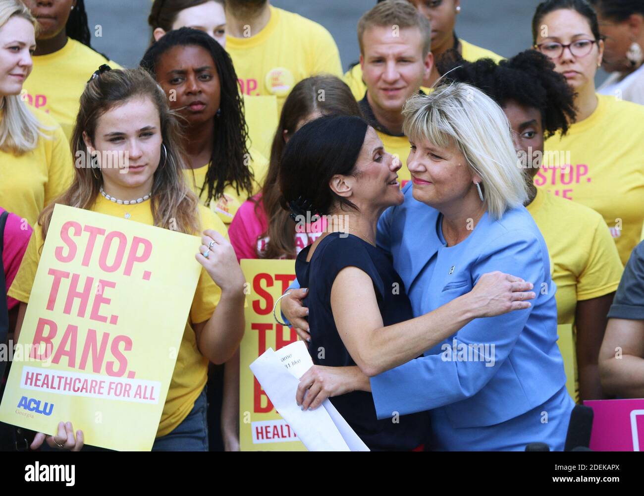NO FILM, NO VIDEO, NO TV, NO DOCUMENTARY - JStaci Fox, president and CEO of Planned Parenthood Southeast, hugs a friend at a press conference following the American Civil Liberties Union, the ACLU of Georgia, the Center for Reproductive Rights, and Planned Parenthood filing of a lawsuit challenging Georgia's HB 41, the 'heartbeat bill,' on the steps of the Richard B. Russell Federal Building, on Ted Turner Drive SW in Atlanta, GA, USA on Friday, June 28, 2019. Photo by Christina Matacotta/Atlanta Journal-Constitution/TNS/ABACAPRESS.COM Stock Photo