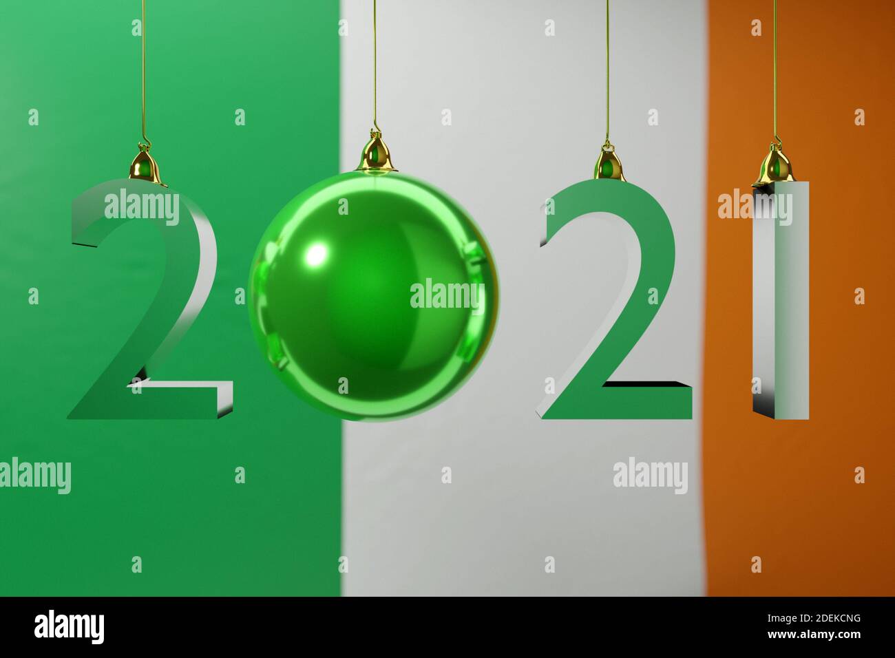 3D illustration  2021 happy new year against the background of the national  flag of Ireland, 2021 white letter . Illustration of the symbol of the ne Stock Photo