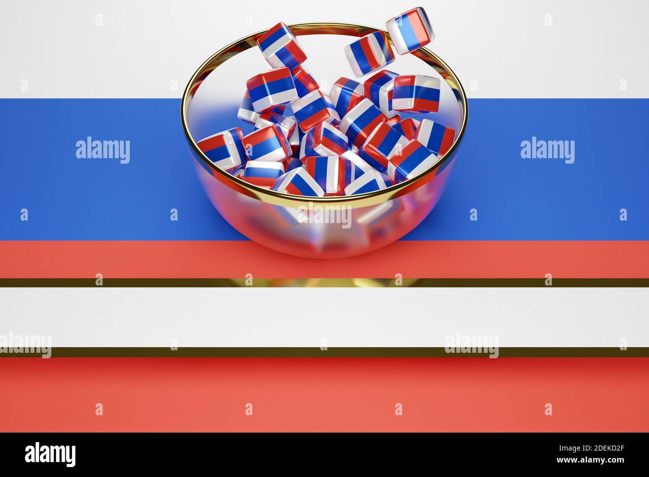 3D illustration in a beautiful transparent plate licks many identical cubes with the image of the national flag of Russia . The symbol of the country, Stock Photo