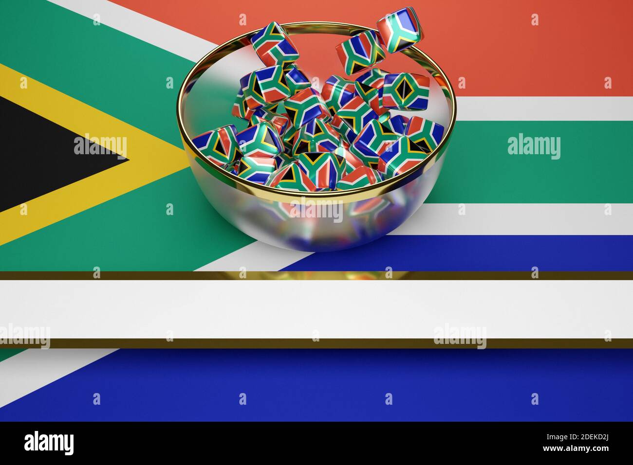 3D illustration in a beautiful transparent plate licks many identical cubes with the image of the national flag of South African Republic. The symbol Stock Photo
