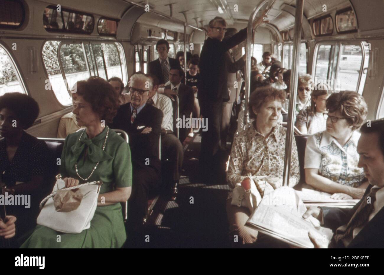 Commuters aboard a Metropolitan Atlanta Rapid Transit Authority (MARTA) bus in Atlanta; Georgia. ca. 1974 Stock Photo