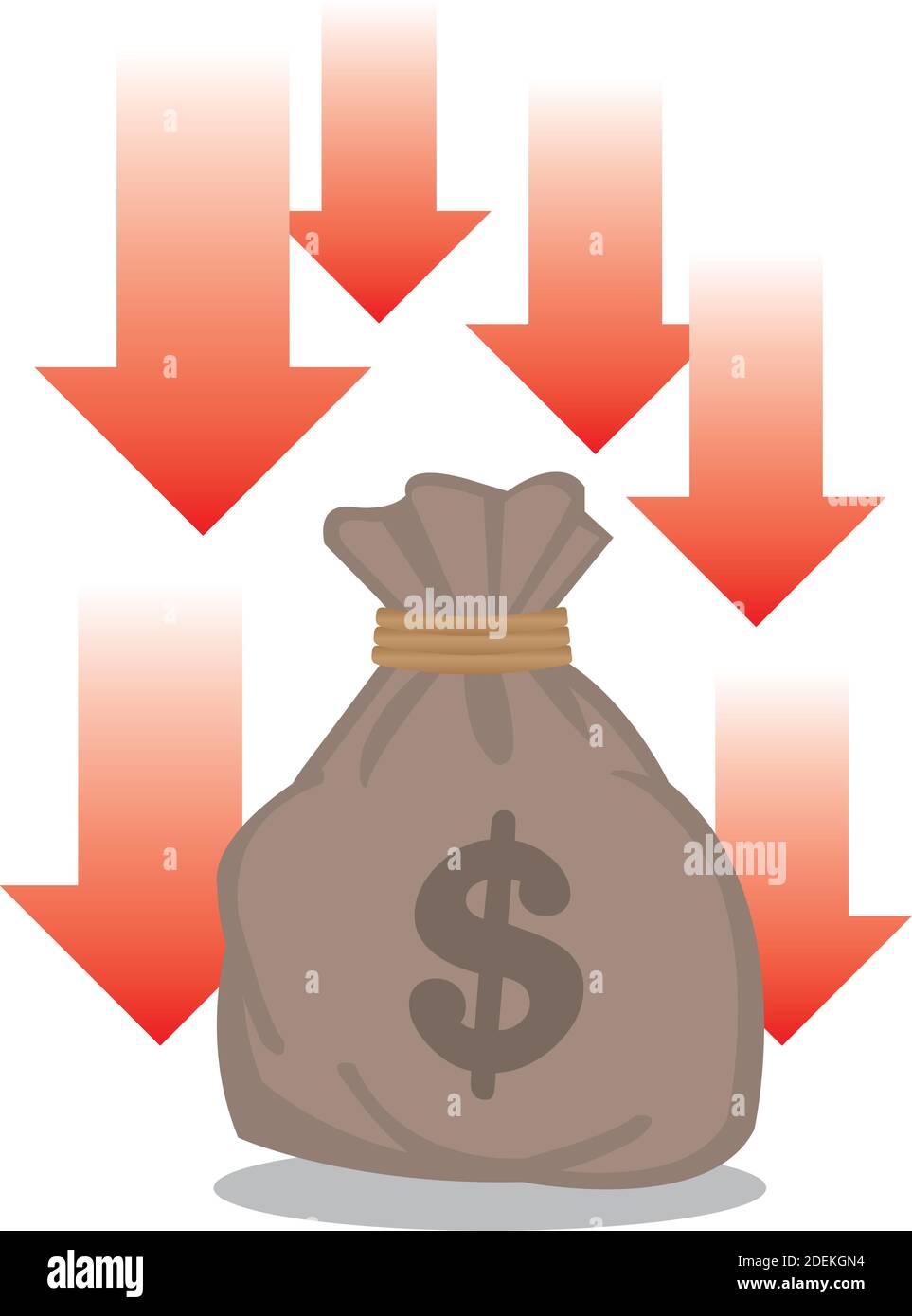 Money bag with dollar symbol and red arrow down. Concept of tax revenues reduced, economic difficulties, capital reduce, investors, falling wages and Stock Vector