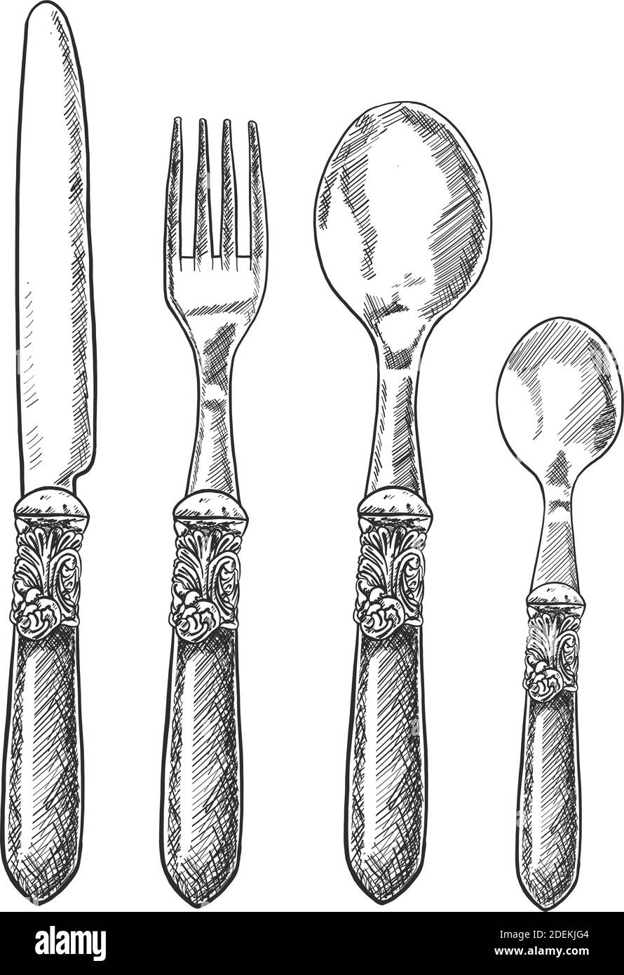 Vector hand drawn vintage cutlery set with table knife, fork, table spoon and tea spoon digital design elements for your logo, advertisement, menu, ca Stock Vector