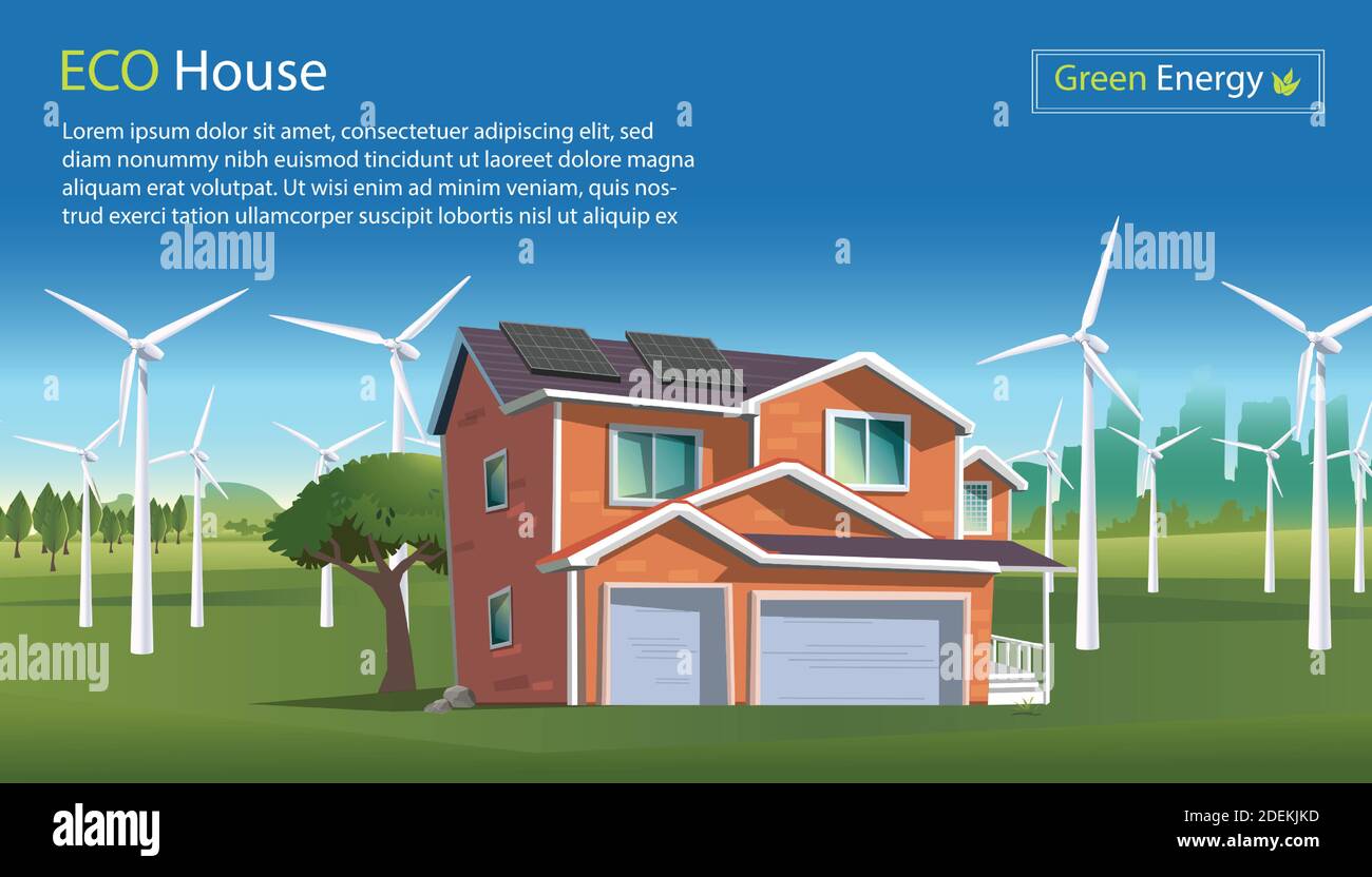Vector illustration in flat style of a eco house with solar panels on the roof, wind power with wind turbines on a green scenery. Wind power eco energ Stock Vector