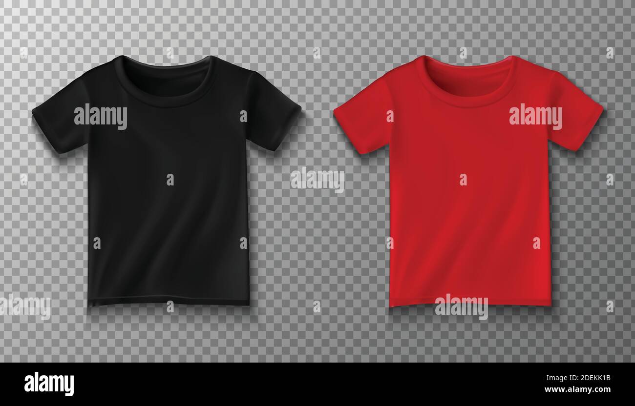 3d realsitic vector t-shirt in black and red color. Isolated illustration. Mock up for your personalized design. Stock Vector