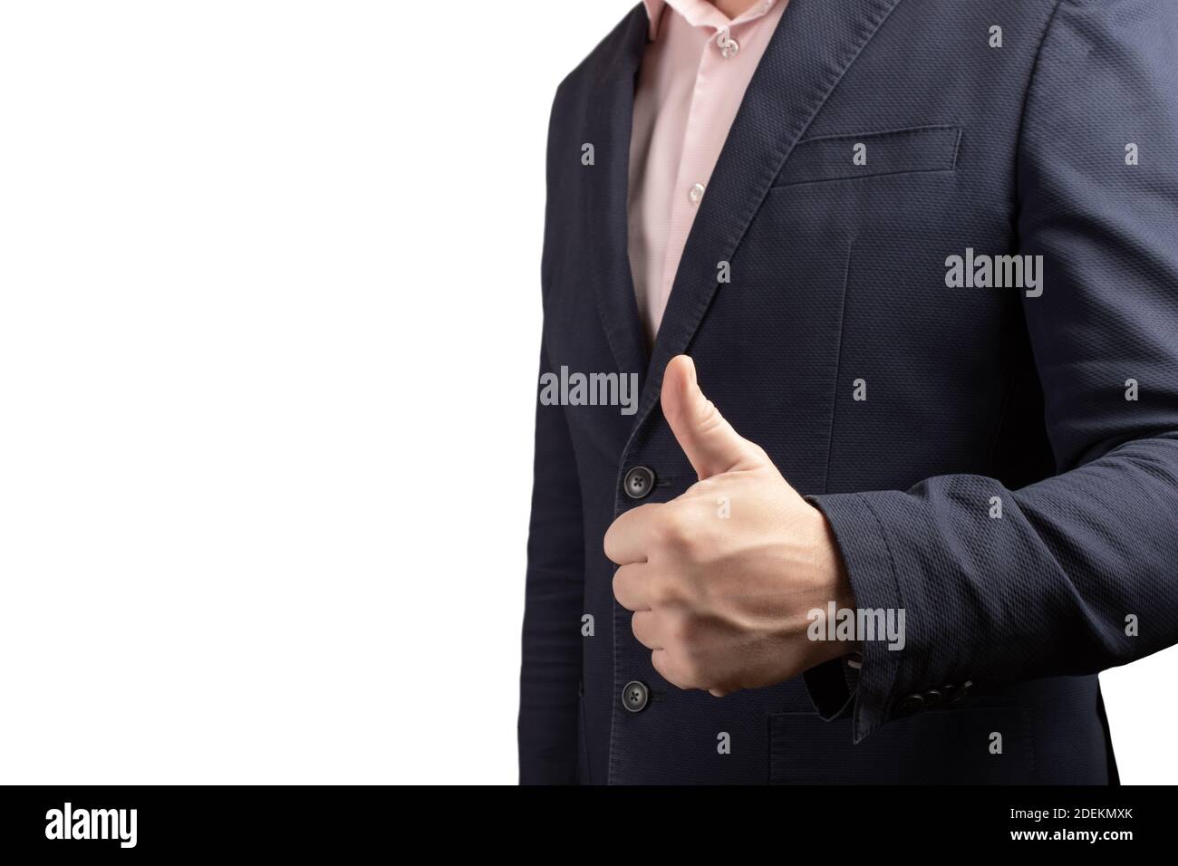 Businessman hand giving thumbs up isolated on white background. gesturing hand OK isolated on white. business man with thumb up over white background Stock Photo