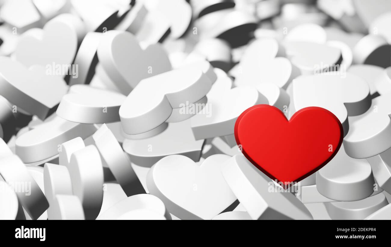 Valentine's love background with white hearts and one lonely red heart. 3D  render illustration Stock Photo - Alamy