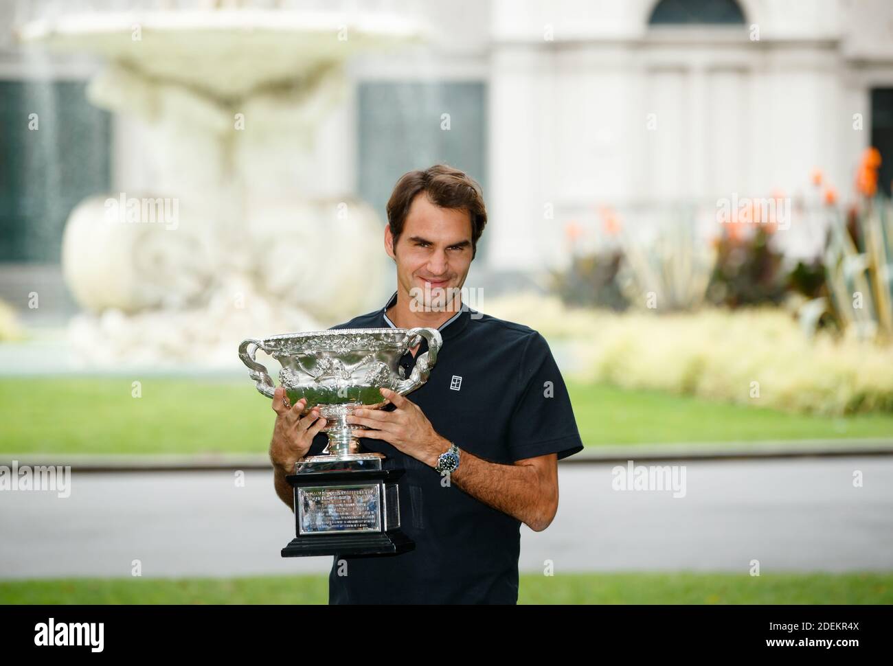 Roger Federer holding the Norman Brookes trophy after winning the 2017 Australian Open Stock Photo