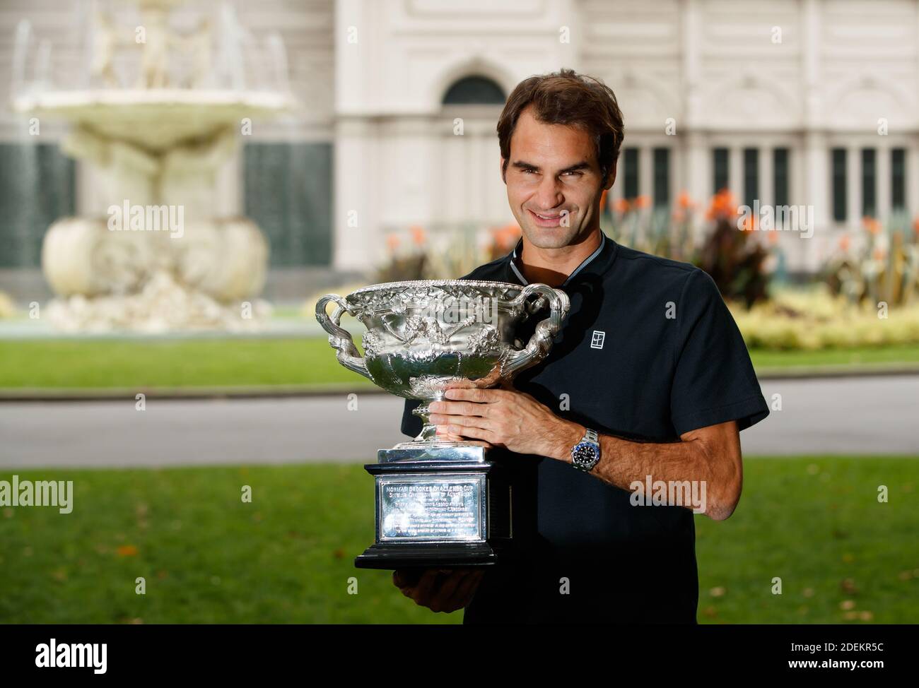 Roger Federer holding the Norman Brookes trophy after winning the 2017 Australian Open Stock Photo