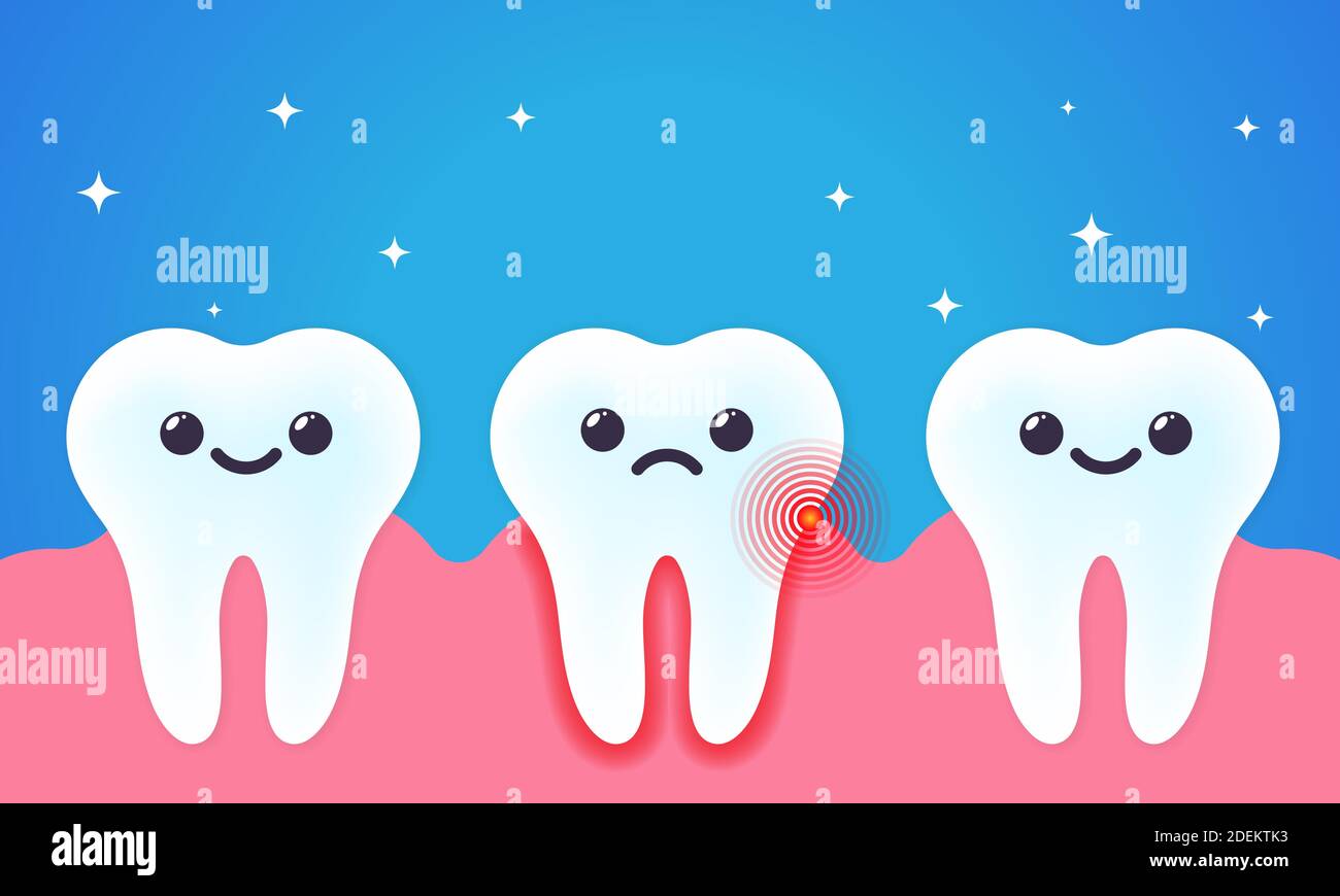 Toothache illustration. Tooth decay. Bad unhealthy and healthy teeth. Dental care concept. Vector on isolated background. EPS 10. Stock Vector