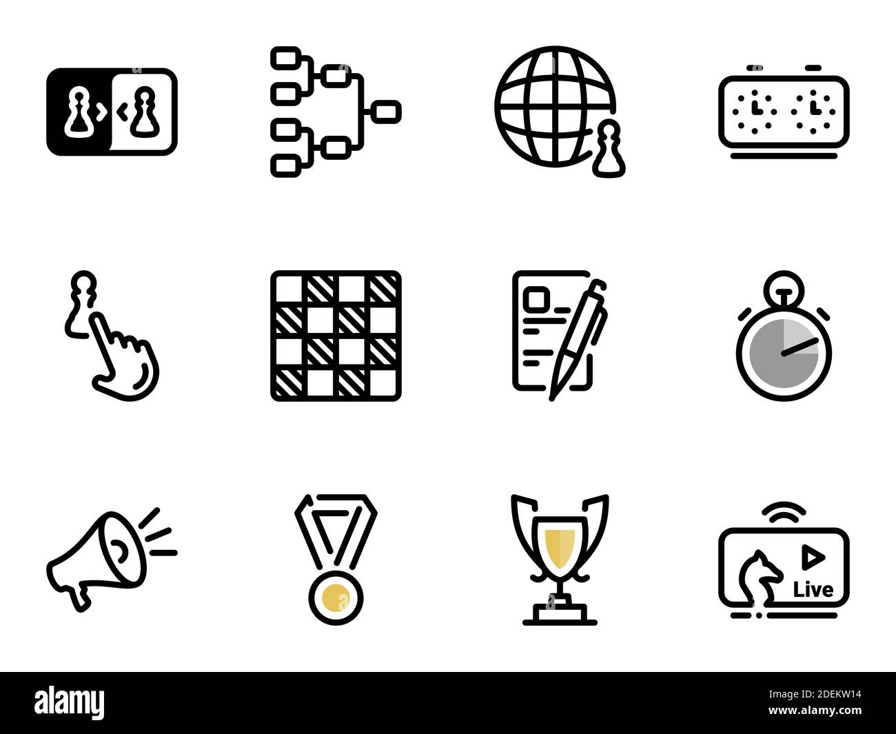 Set of black vector icons, isolated against white background. Illustration on a theme Chess tournament Stock Vector