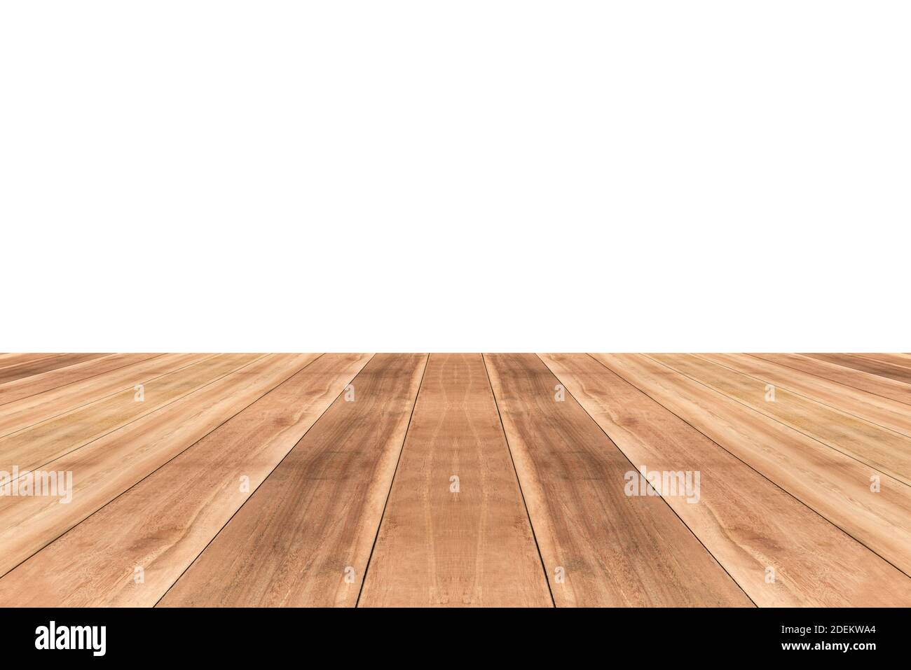 Oblique view of natural wood pattern table top against empty white background suitable for montage or display products (foods) Stock Photo