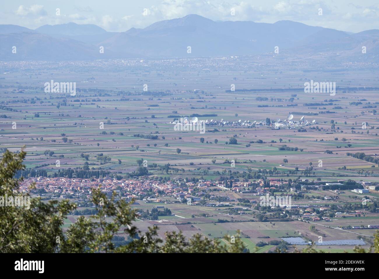 aerial landscape with communication antennas in Fucino plains, shot in bright light from Gioia de Marsi, L'Aquila, Abruzzo, Italy Stock Photo