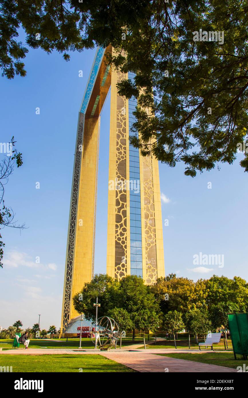 Popular sightseeing and attraction building known as Dubai Frame. UAE. Outdoors Stock Photo