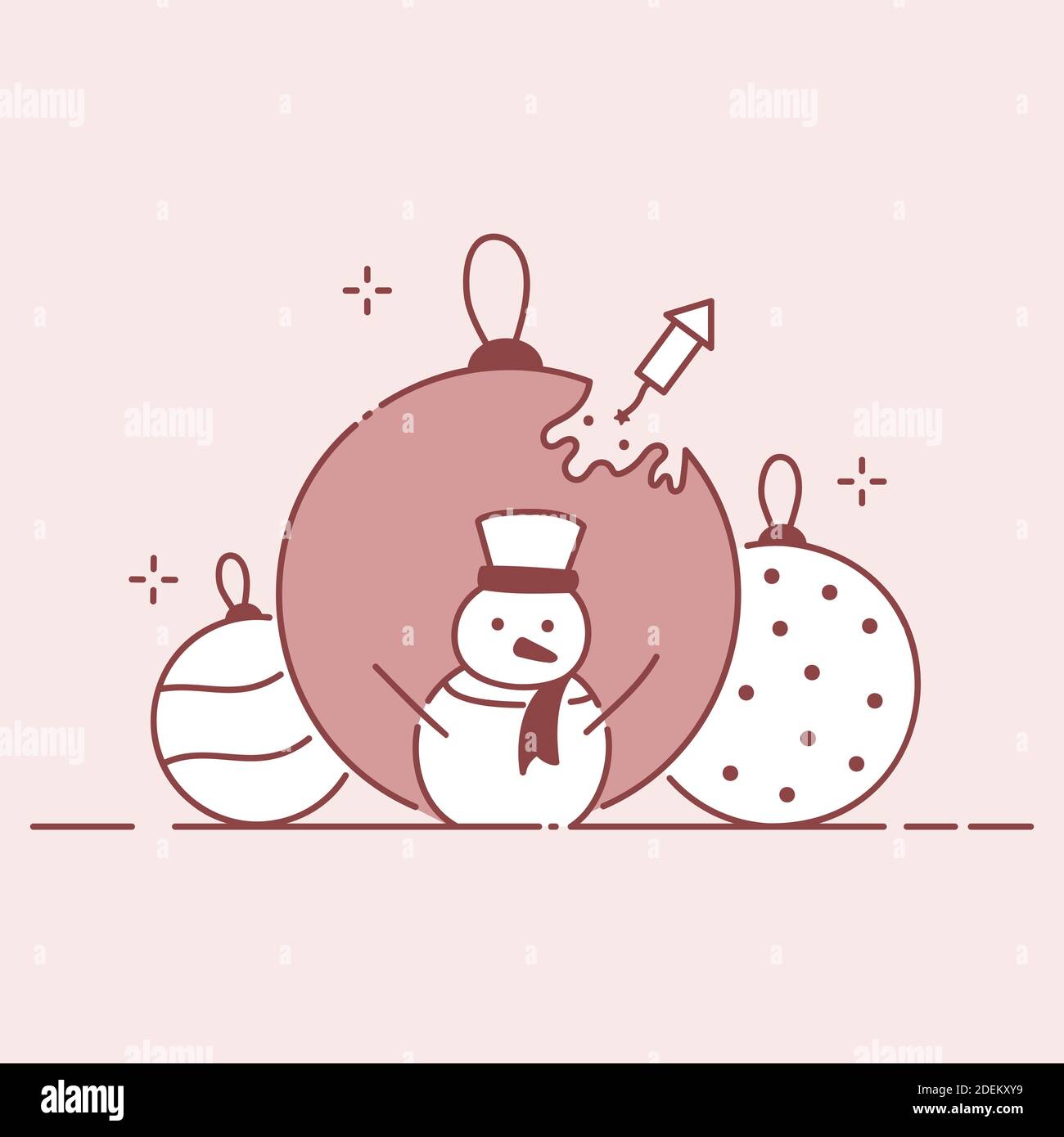 Happy snowman and decorations winter holiday composition. Christmas or new year flat illustration. Stock Vector