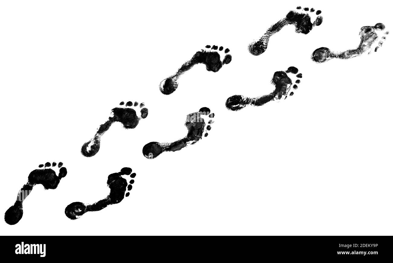Human black footprints way white background isolated, barefoot person
