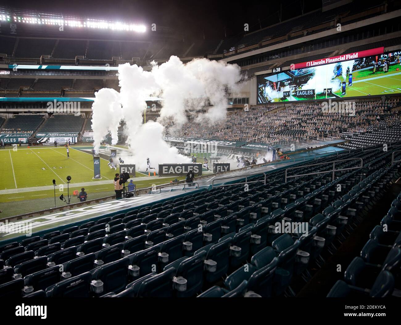 Philadelphia Eagles players take the field with no fans in attendance before the game against the Seattle Seahawks in week 12 of the NFL season at Lincoln Financial Field in Philadelphia on Monday, November 30, 2020.  The Seahawks defeated the Eagles 23-17.   Photo by John Angelillo/UPI Stock Photo