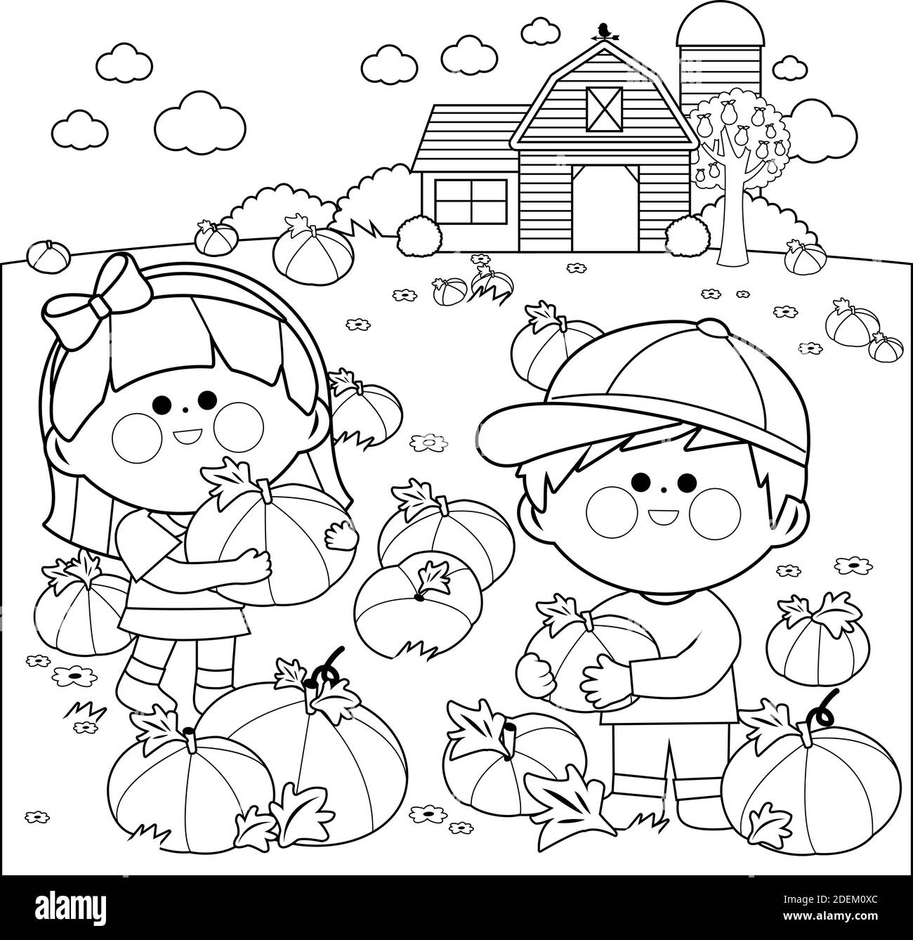 Children at the farm picking pumpkins at the pumpkin patch. Vector black and white coloring page Stock Vector