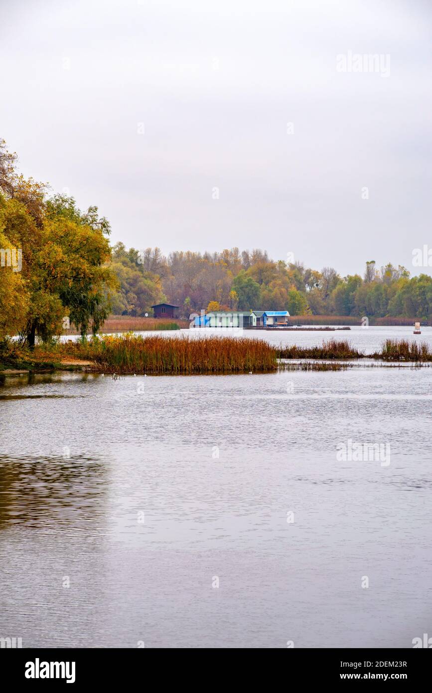 View of  a little house close to the Dnieper river in Kiev, Ukraine, at the beginning of autumn, under a clean gray sky. Plants and reeds in the forgr Stock Photo