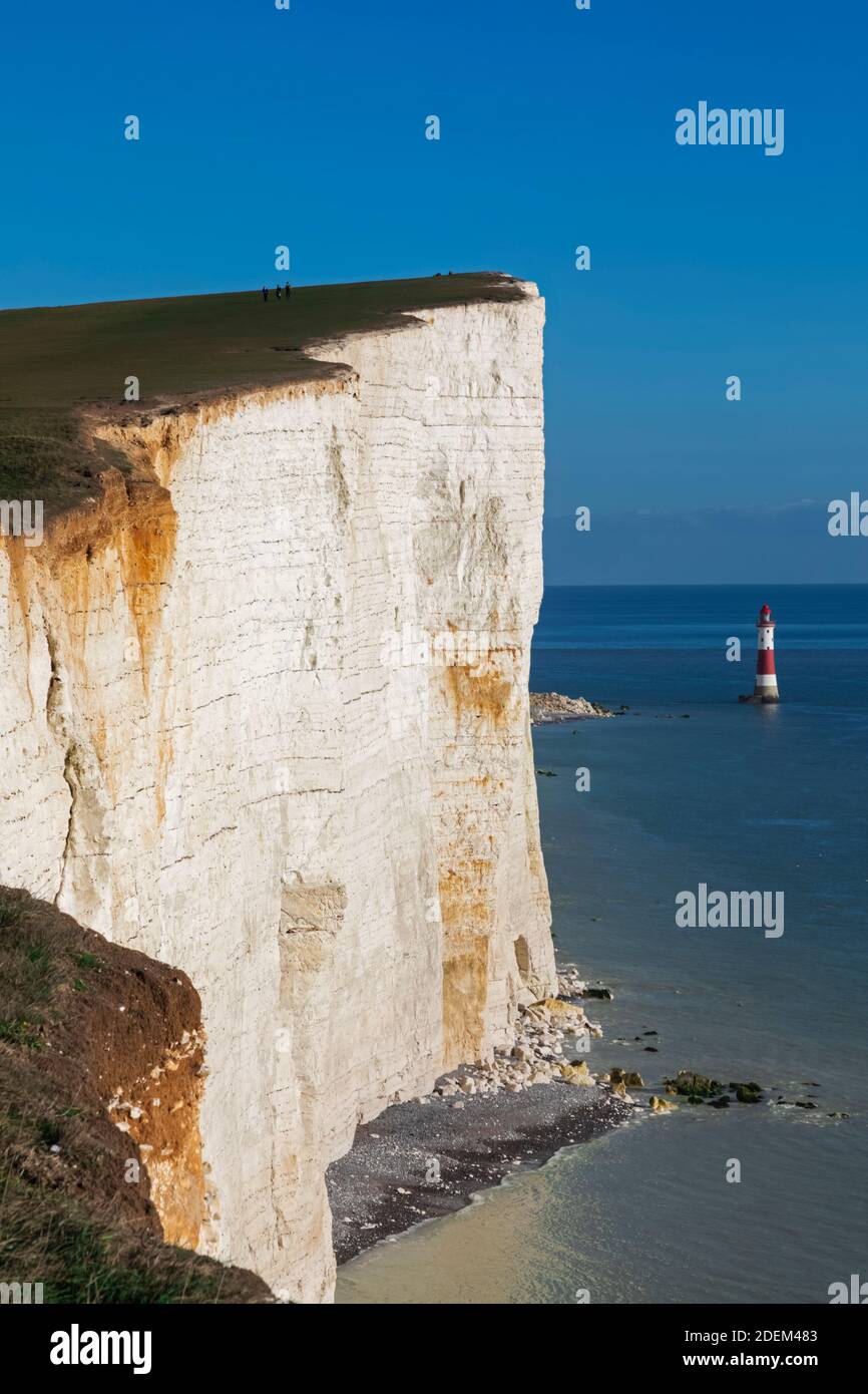 England, East Sussex, Eastbourne, Beachy Head, The Seven Sisters Cliffs and Beachy Head Lighthouse Stock Photo