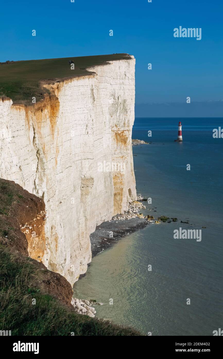 England, East Sussex, Eastbourne, Beachy Head, The Seven Sisters Cliffs and Beachy Head Lighthouse Stock Photo