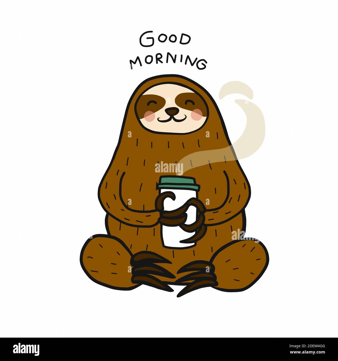 Sloth good morning with hot coffee cup cartoon vector illustration