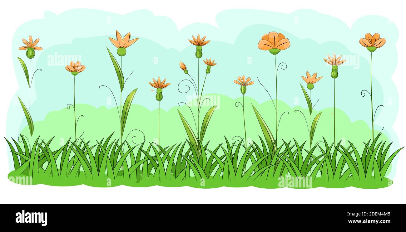 Blooming meadow with grass and flowers. Sky. Cartoon just style. Isolated on white background. Romantic fabulous illustration. Vector Stock Vector