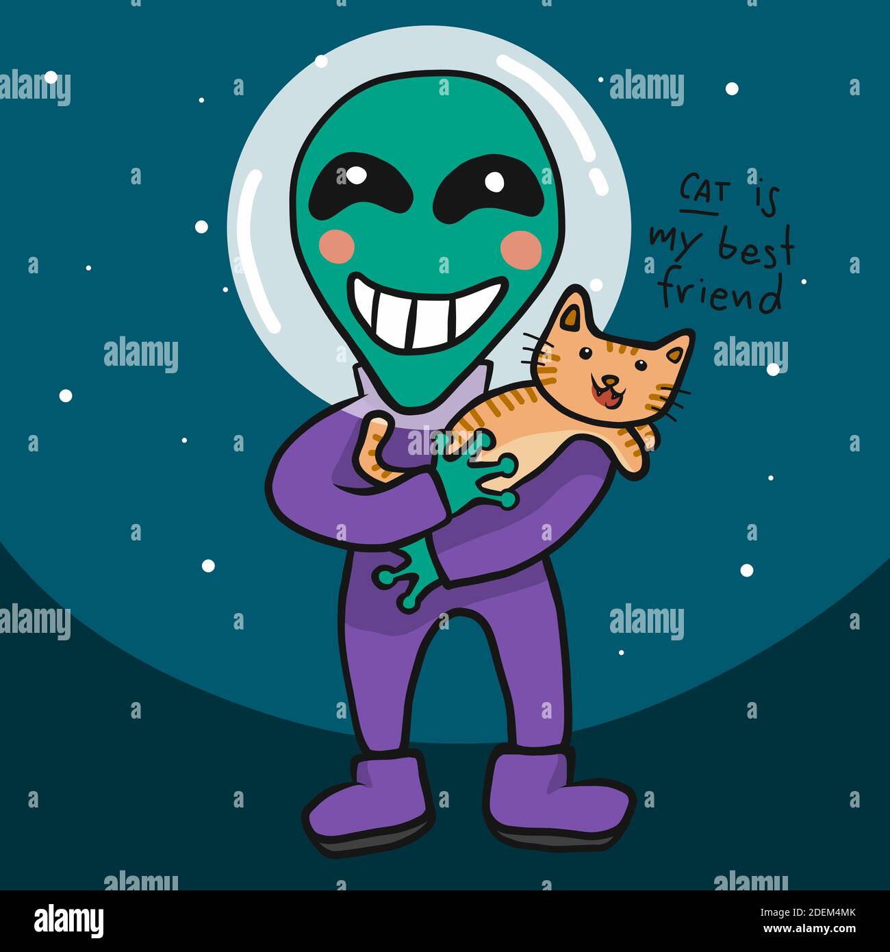 Alien hugging cat, Cat is my best friend cartoon vector illustration Stock Vector Image & Art