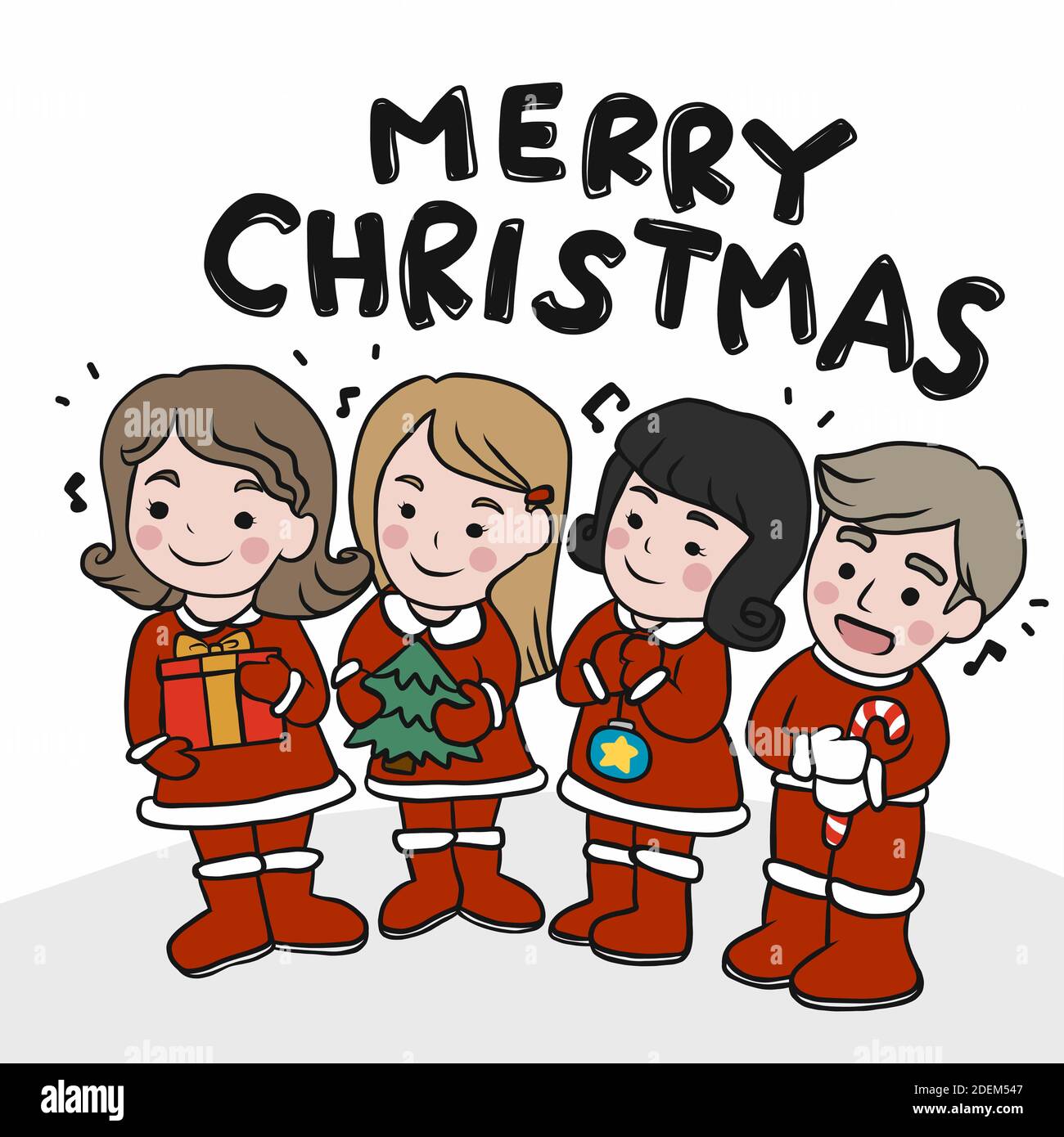 Children singing song Merry Christmas cartoon vector illustration