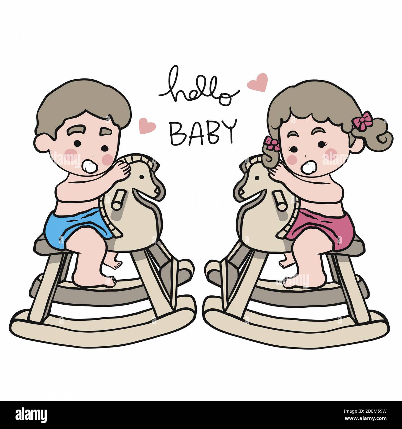 Hello Baby Boy And Baby Girl Playing Wood Riding Horse Toy Cartoon Vector Illustration Stock Vector Image Art Alamy