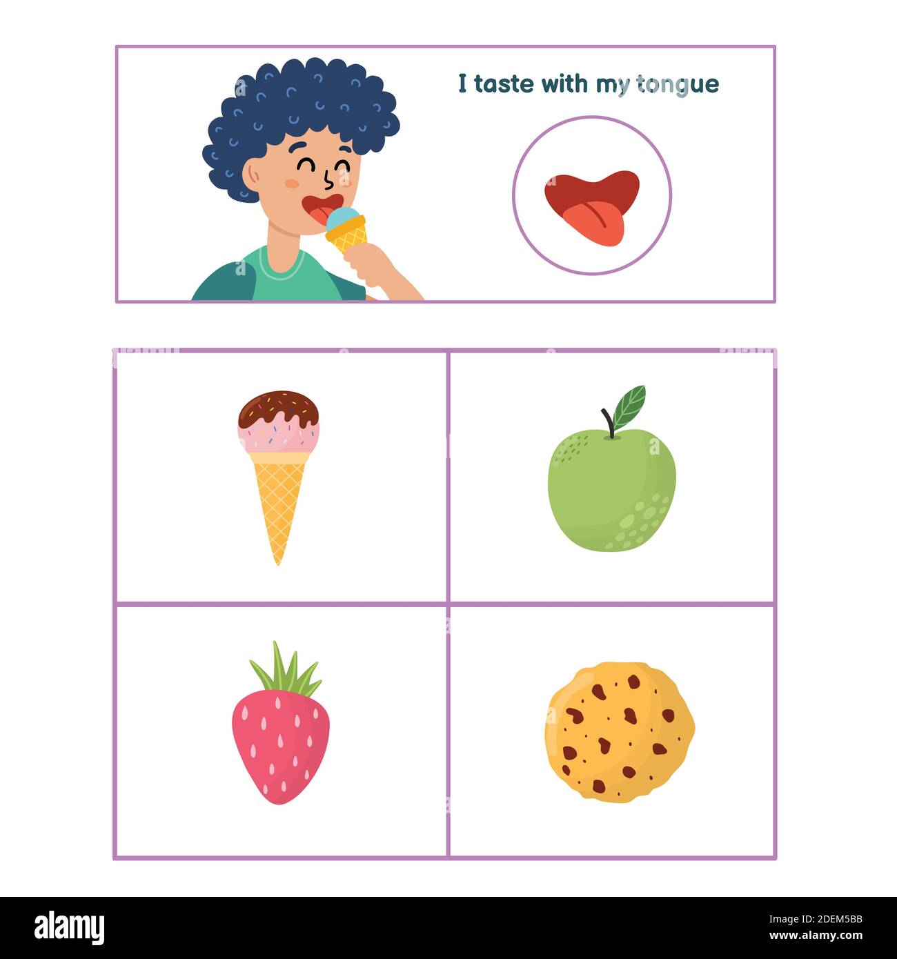 Five senses poster. Taste sense presentation page for kids Stock Vector