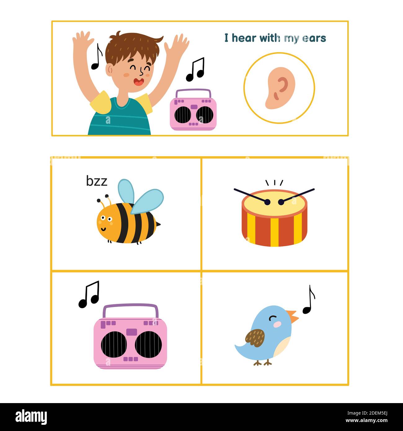 Five senses poster. Hearing sense presentation page for kids Stock Vector