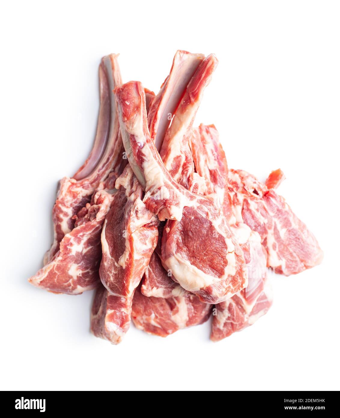 Slices raw lamb chops isolated on white background. Stock Photo