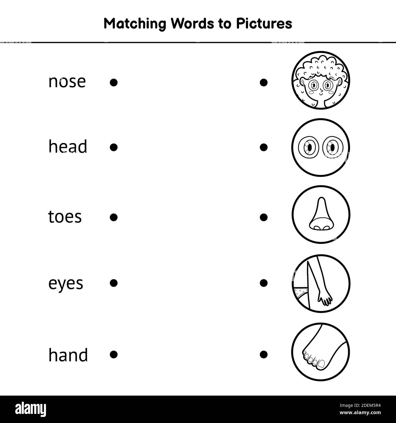 Match the words to pictures coloring page. Learn to read black and white matching game Stock Vector