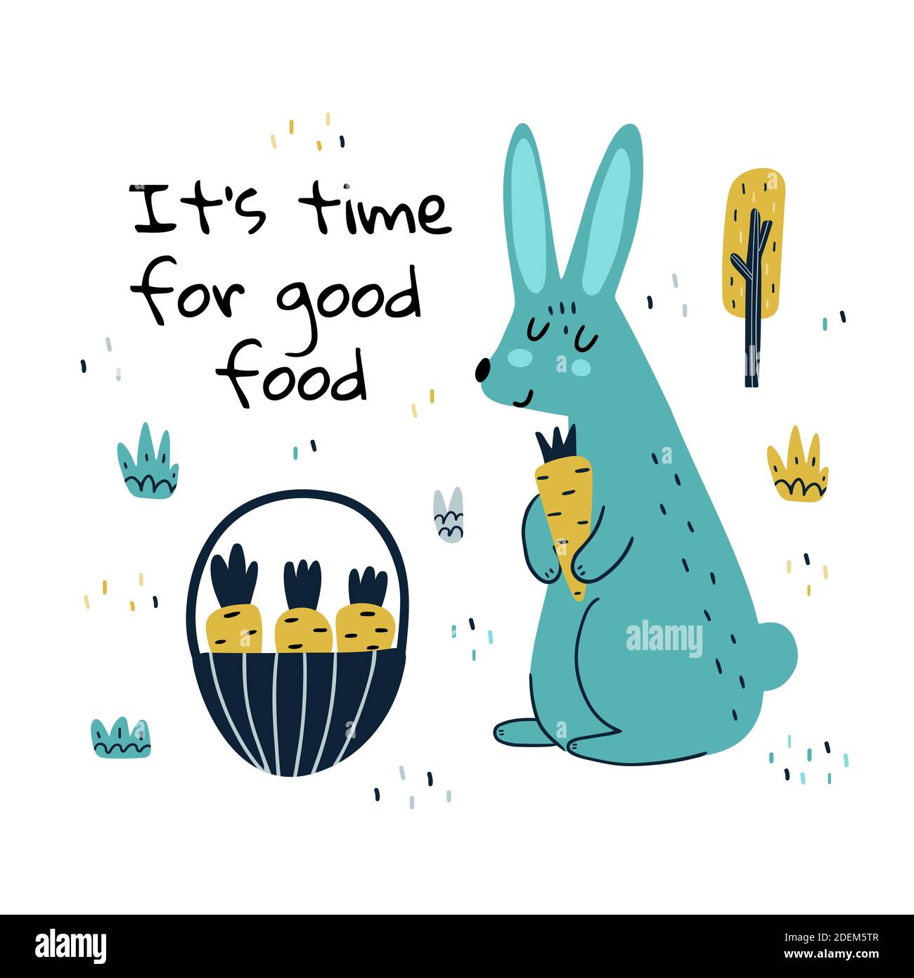 Its time for good food print with a cute rabbit holding a carrot Stock Vector