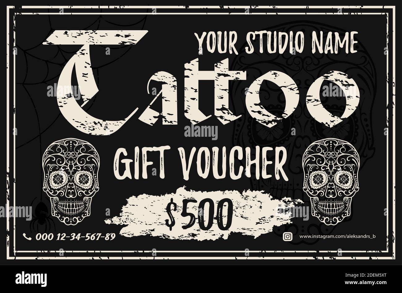 Vintage Tattoo gift voucher template. Black grunge gift card with In Tattoo Gift Certificate Template