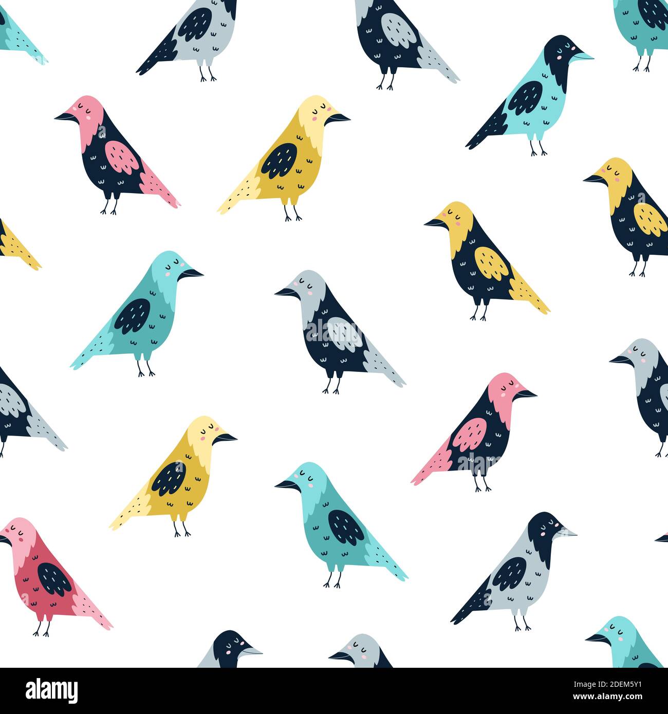 Seamless pattern with funny crows. Forest background with cute birds Stock Vector