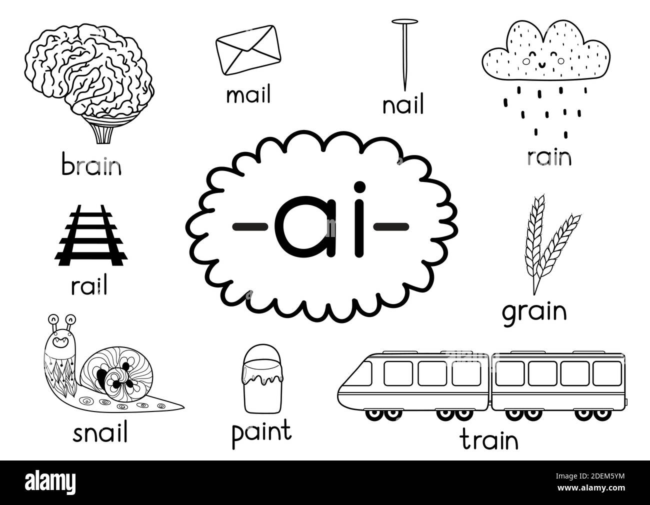 Learning ai digraph. Phonics for kids. Black and white educational poster Stock Vector
