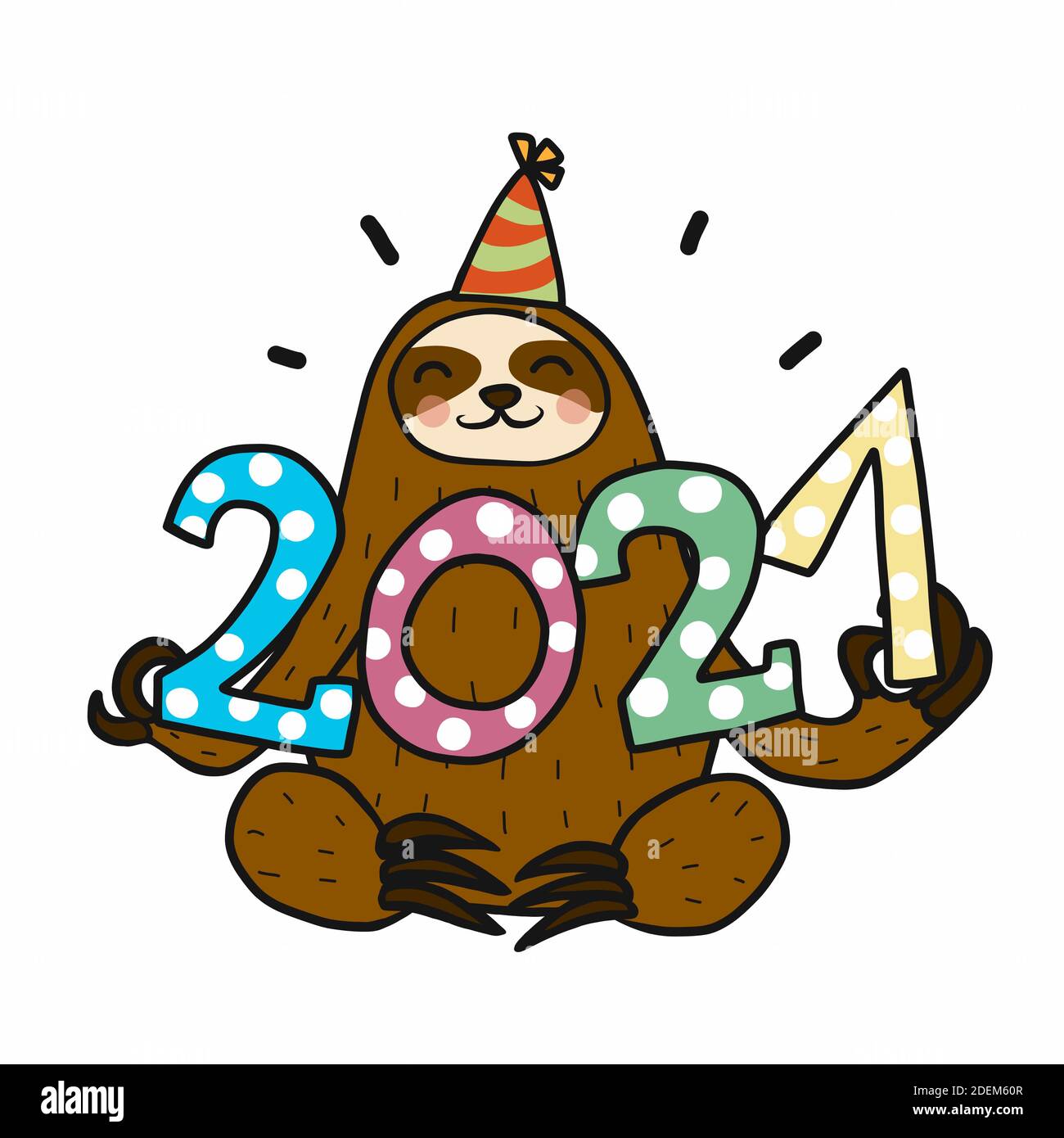 2021 Sloth celebrating new year cartoon vector illustration Stock Vector