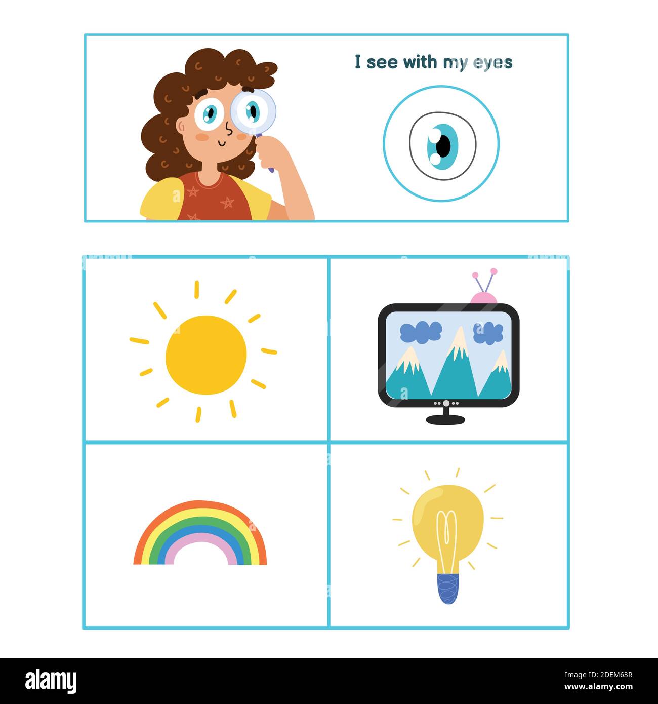 Five senses poster. Sight sense presentation page for kids Stock Vector