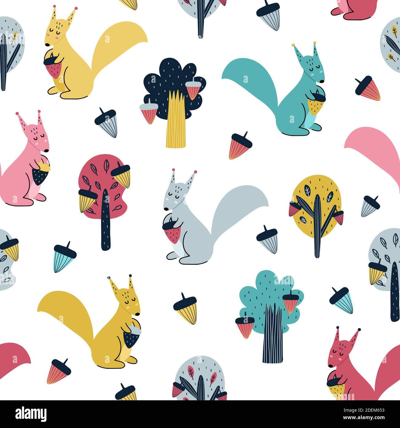 Cute squirrel with acorn seamless pattern. Forest background Stock ...