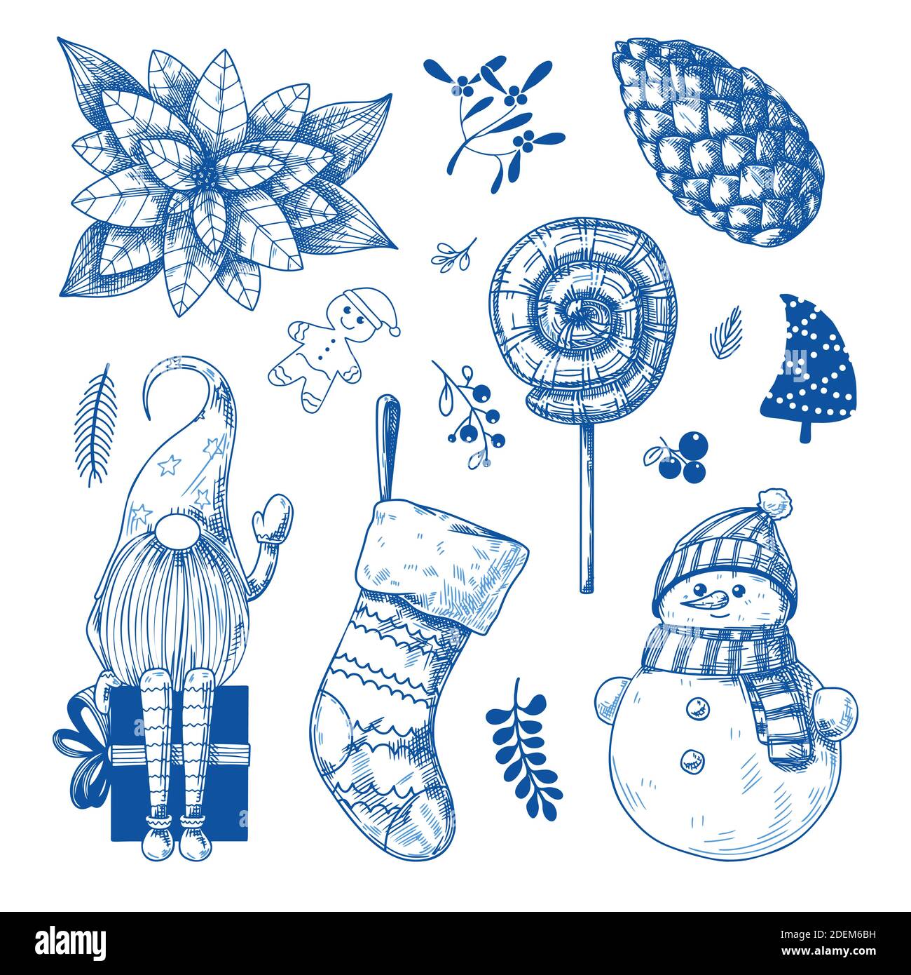 Christmas set. Different Christmas elements on a white background. Sketch, vector Stock Vector