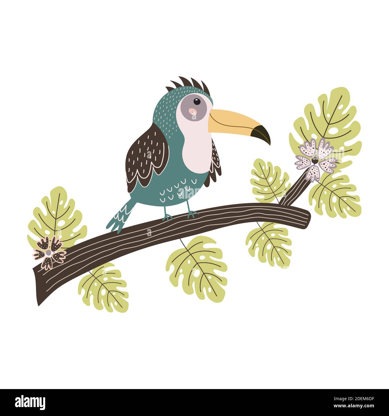 Toucan sitting on the branch. Cute tropical bird isolated element Stock Vector