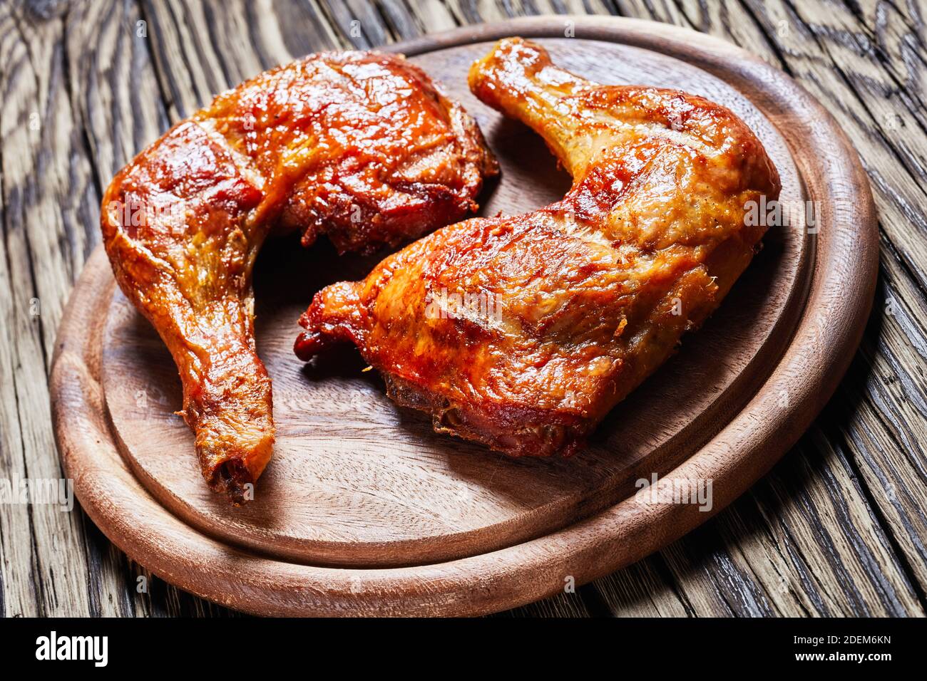 Chicken leg quarters, baked in the oven, skinon, bonein, served on a