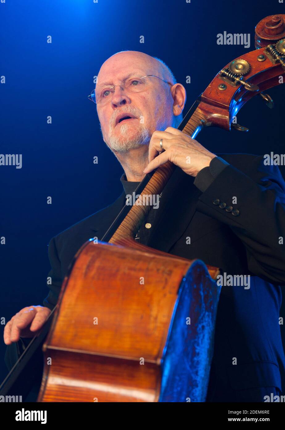 Bassist Danny Thompson, who received a Lifetime achievement award in the 2007 BBC Radio 2 Folk Awards, performing at the Cornbury festival, UK in 2012 Stock Photo