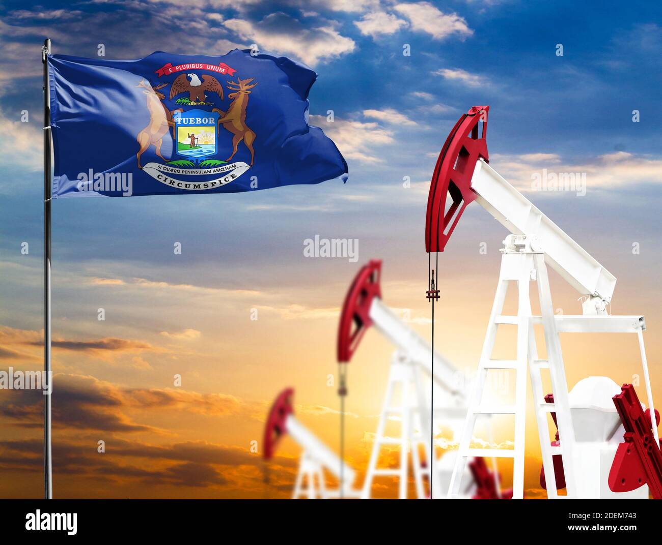 Oil rigs against the backdrop of the colorful sky and a flagpole with ...