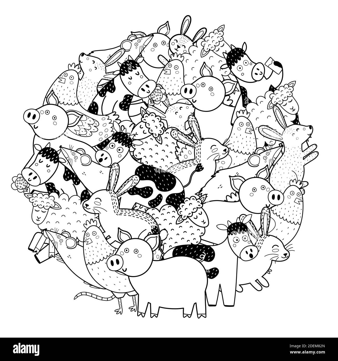 Circle shape coloring page with funny farm characters. Cute animals black and white print Stock Vector